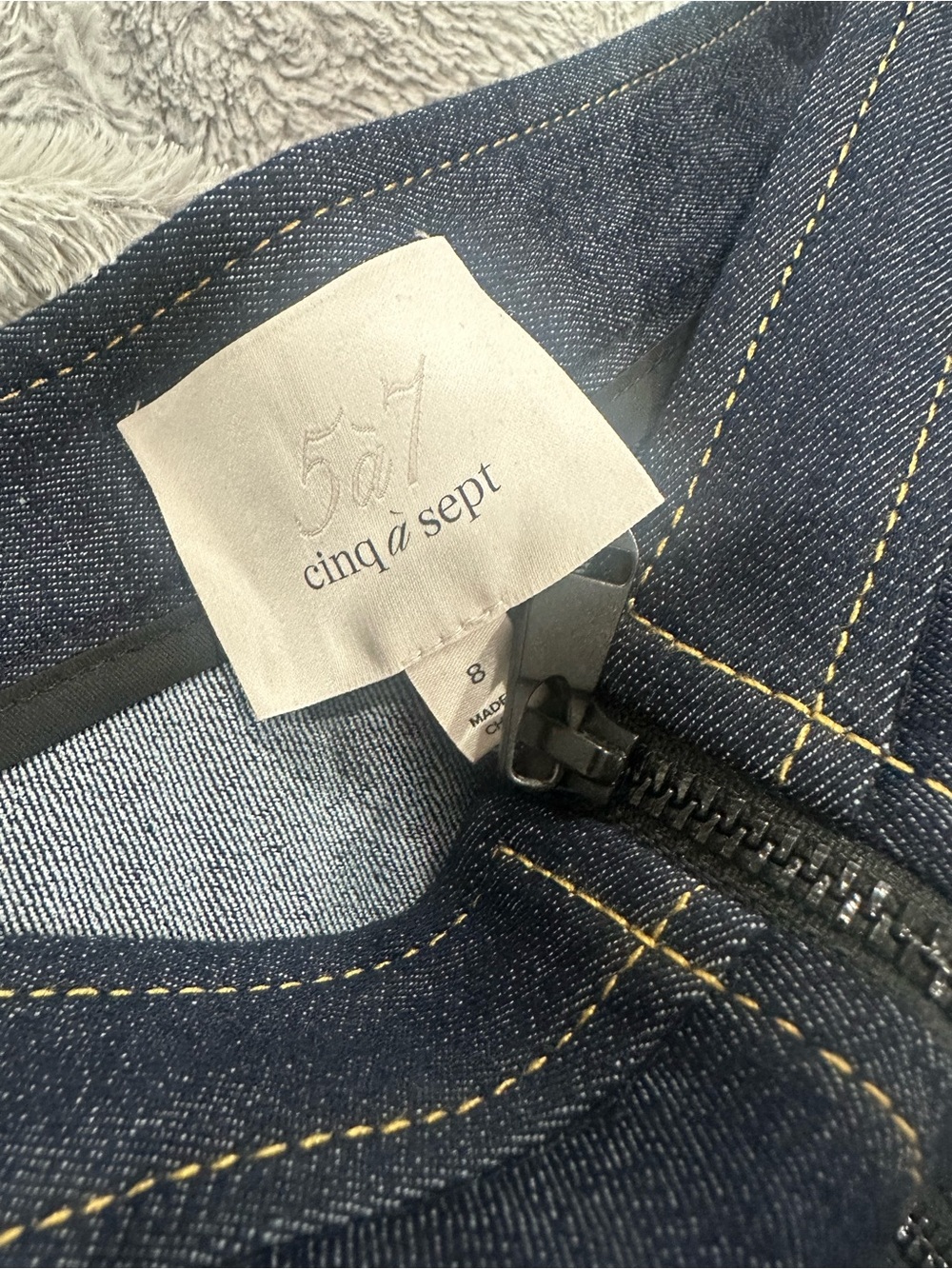 cinq a sept Dark Indigo High-Rise Jeans with Yellow Topstitch